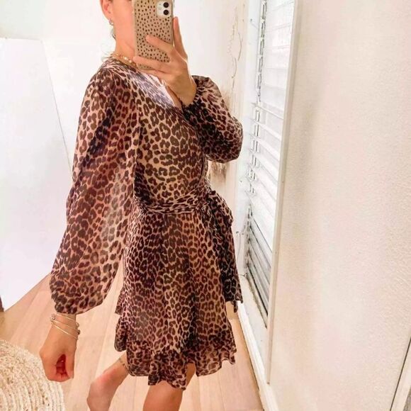 Ganni Mini Black Brown Dress Leopard Print Blouse Long Sleeve Wrap Size S - Picture 8 of 15